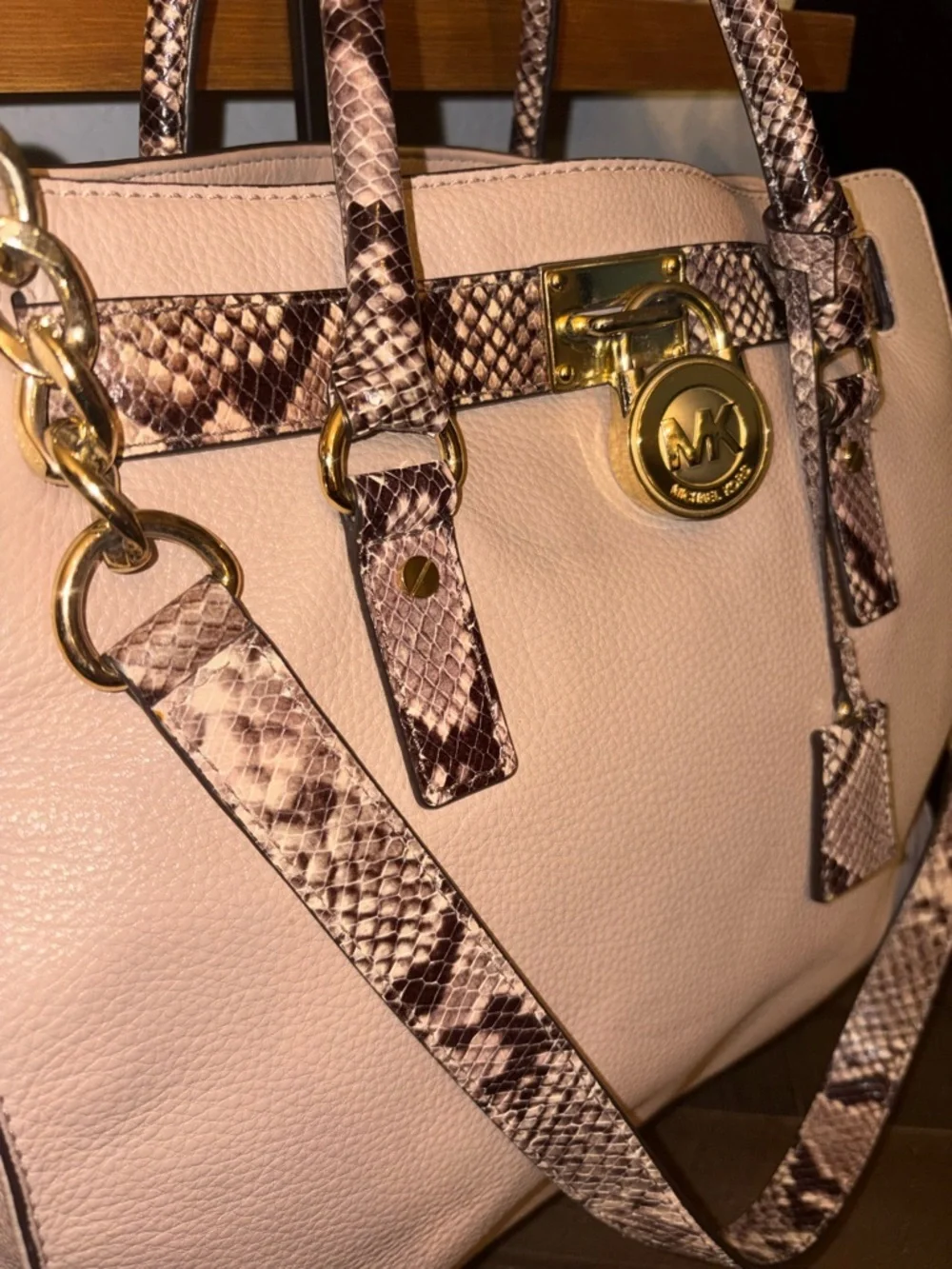 Michael Kors Hamilton Satchel Snake Trim Lock Bag Blush Beige